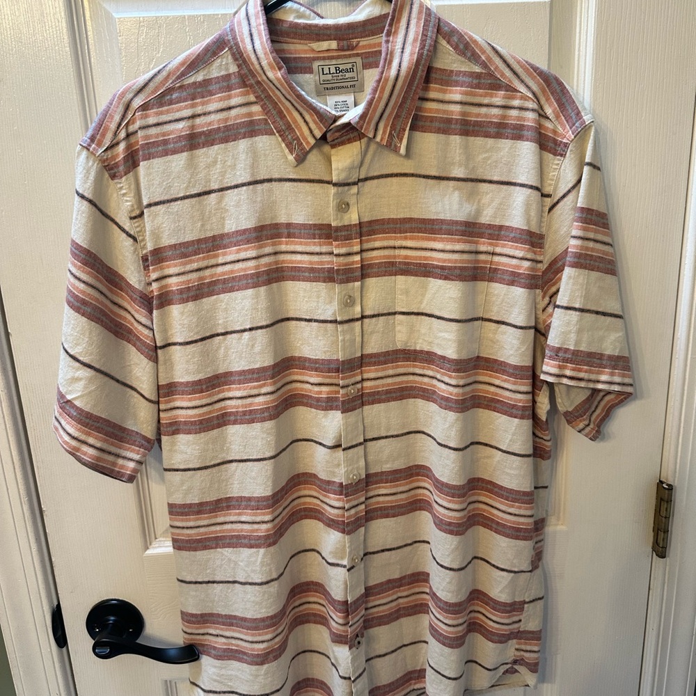 L.L. Bean Men's Casual Striped Shirt - Beige and Red